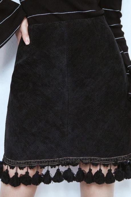 Black Corduroy High Waist A-line Short Tassel Skirt